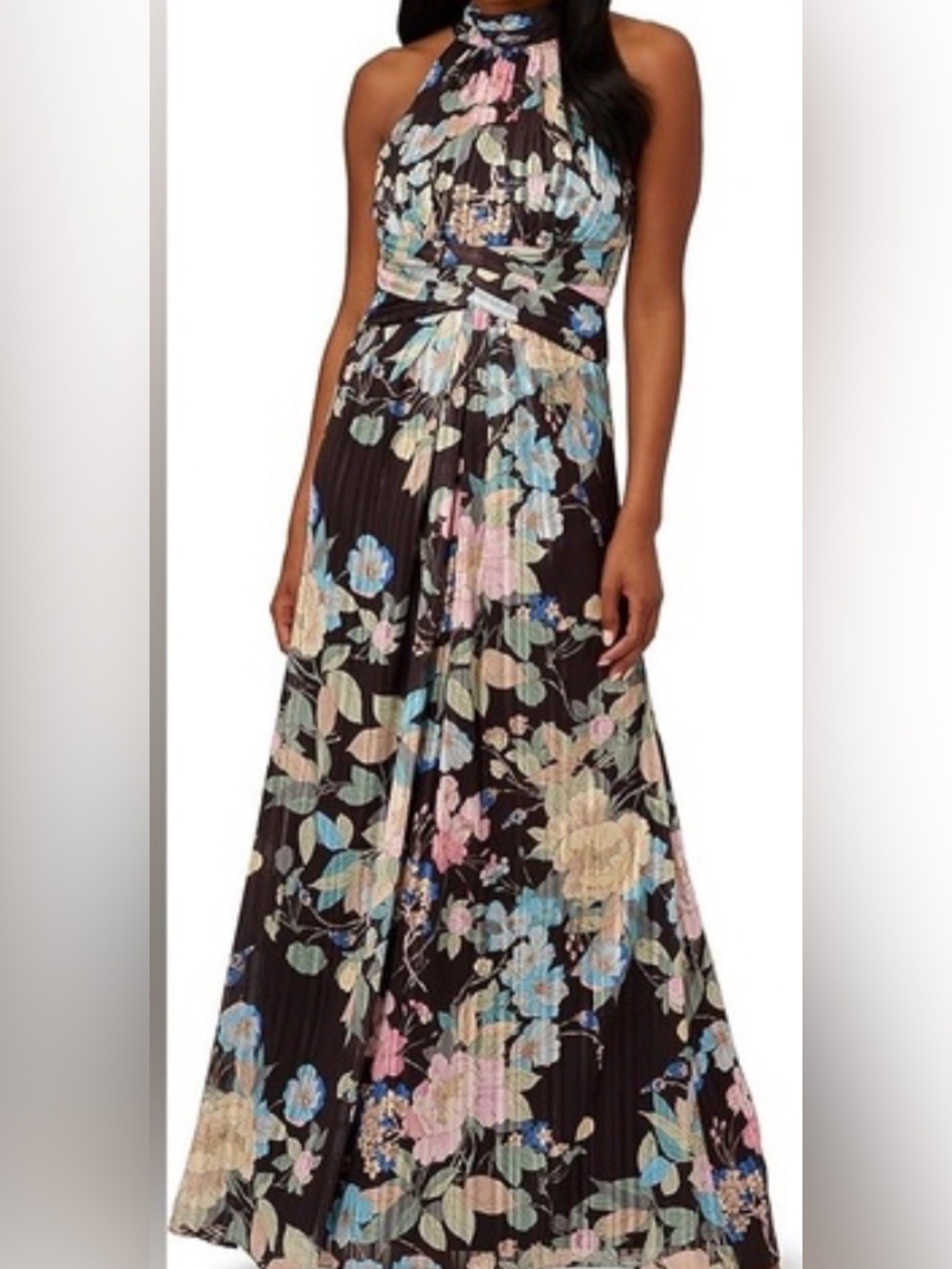 Adrianna Papell Black Halter Floral Maxi Dress with Blue and Pink Accents